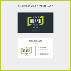 Double-sided vintage business card template with retro typographic logo and black textured background. Vector illustration. Stationery design