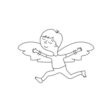 Cute cartoon character with wings in a linear style on white background.