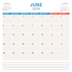 June 2018. Calendar planner vector design template. Week starts on Monday. Stationery design