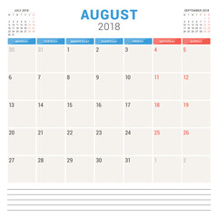 August 2018. Calendar planner vector design template. Week starts on Monday. Stationery design
