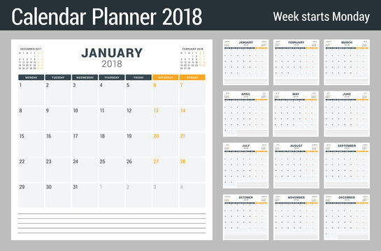 Calendar planner for 2018 year. Vector design print template. Week starts on Monday. Stationery design. Black and orange colors