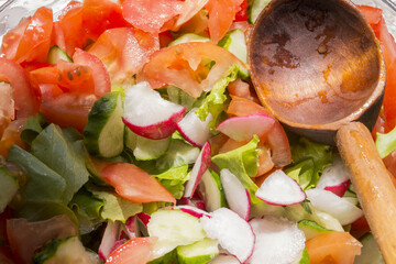 fresh vegetables in the salad, tomato, cucumber, radish