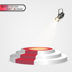 White podium multi-level on a transparent background with a red path and spotlight floodlight. Vectors illustration of the eps 10.