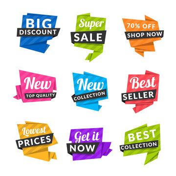 Set of discount and promotional sale origami stickers. Folded paper with advertising tags. Vector design elements for website, flyer, poster