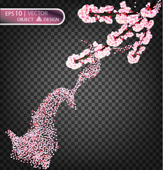 Pink petals fall on a transparent background. Vector illustration for design greeting card posters for spring holidays. Flowering Japanese cherry.