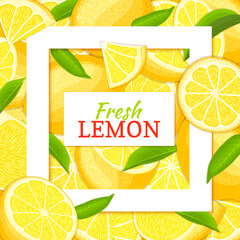 Square white frame and rectangle label on citrus lemon background. Vector card illustration.