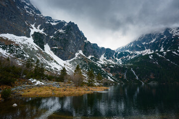 Mountains with snow and small waterfalls flowing to a lake with stormy weather