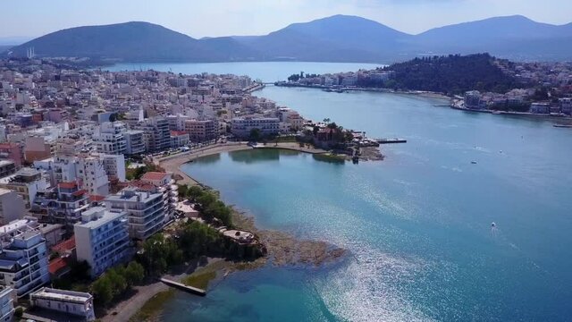 Aerial drone video of city of Halkida, Evoia island, Greece