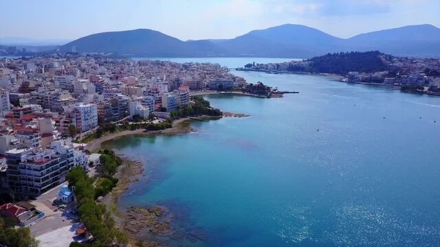 Aerial drone video of city of Halkida, Evoia island, Greece