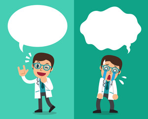 Cartoon male doctor expressing different emotions with speech bubbles