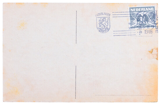 Vintage Blank Postcard With Dutch Meter Stamp From 1945 And Netherlands Coat Of Arms Stamp
