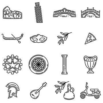 Set of various italian symbols. Flat outline vector icons.