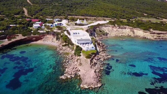 Aerial drone video of seascape in Hamolia with turquoise waters, Porto Rafti, Mesogeia, Attica, Greece
