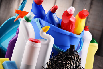 Variety of detergent bottles and chemical cleaning supplies