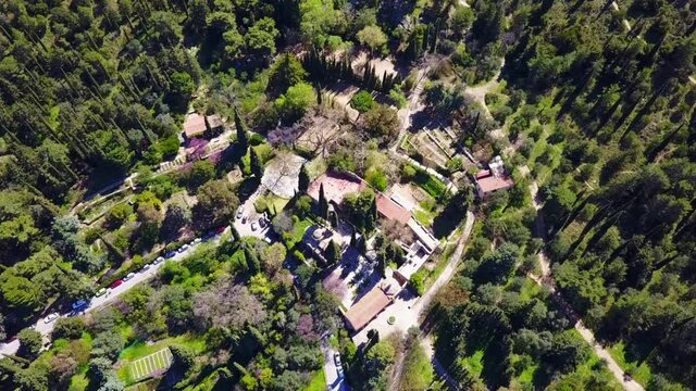 Aerial drone video of Hymetus mountain and Kessariani monastery, Attica, Greece