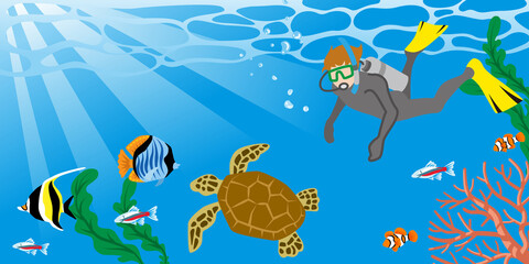 Fototapeta na wymiar Man enjoying Scuba Diving with the Sea turtle