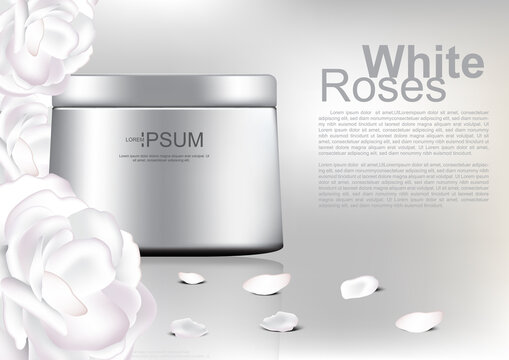 Day cream with roses and petals and template on white background vector cosmetic ads