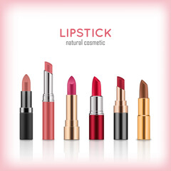 Obraz premium Realistic lipsticks of red, wine, pink and brown colors. Decorative cosmetic product for beauty and glossy lips. Blank template of containers. Vector illustration isolated on white