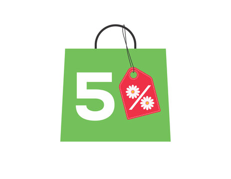 Green shopping bag with 5% text and a daisy flower percent design red price tag label on it isolated on white background. For summer sale campaigns.