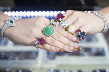 Jewellery, rings and accessories on women hand