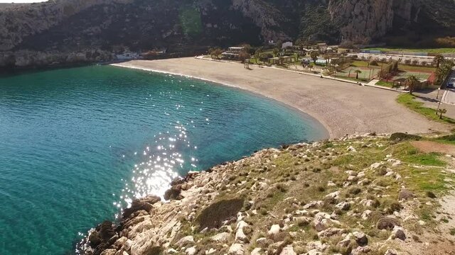 Aerial drone video of Kakia thalassa beach, Attica, Greece