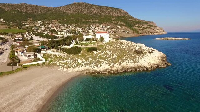 Aerial drone video of Kakia thalassa beach, Attica, Greece