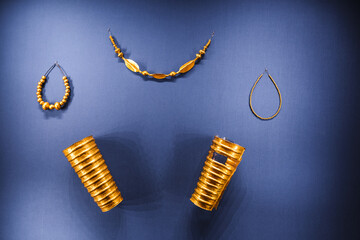  Exhibition of Egyptian ancient jewelry bracelets and necklaces of gold, treasures of the pharaoh