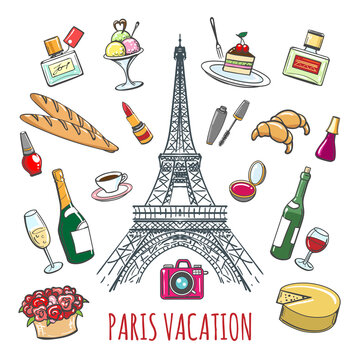 French country vacation doodle elements. Paris colored sketch icons for fashion and restaurant design. Vector illustration
