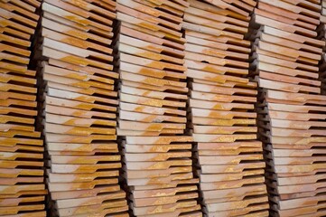 close up clay roof tiles storage