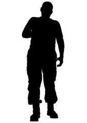 Soldier in uniform with weapon on white background