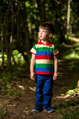 young boy playing in the green forest