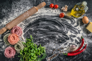 Obraz premium Rustic pepper and herbs, copyspace in center