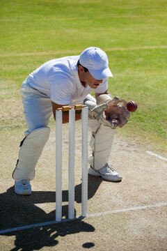 Wicketkeeper catching ball behind stumps on field