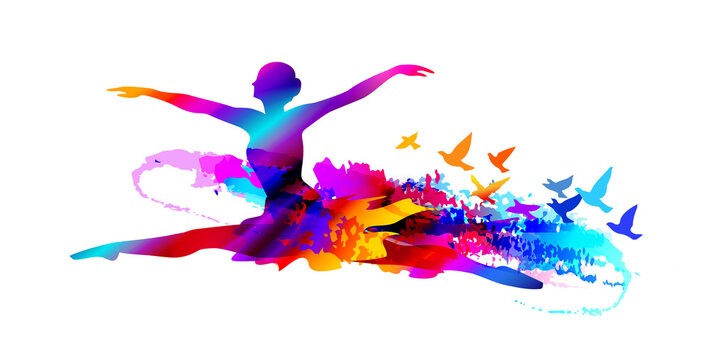 Colorful ballet dancer digital painting with flying birds