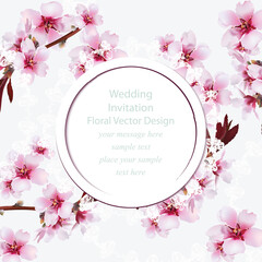 Fototapeta na wymiar Cherry blossom round card frame. Spring delicate flowers Wedding Invitation. Place for text. Vector illustration