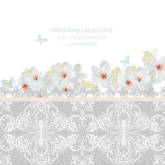 Spring blossom flowers and Lace Wedding Invitation delicate card. Vector illustration
