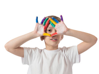Portrait of a little girl in a T-shirt who smiles and shows the tongue with hands pressed to her head with painted hands on a white background