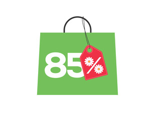 Green shopping bag with 85% text and a daisy flower percent design red price tag label on it isolated on white background. For summer sale campaigns.