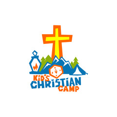 Obraz premium Logo of kid's Christian camp. Mountains, trees, a compass and a lamp, the cross of Jesus.