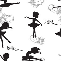 Pattern with silhouette of ballerinas and feather of swan. Black and white illustration of ballerinas. Retro seamless pattern. Hand drawn illustration. © Svetlana Ivanova