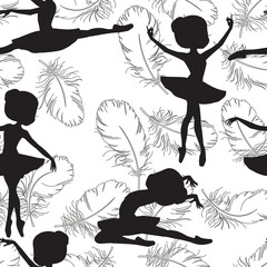 Pattern with silhouette of ballerinas and feather of swan. Black and white illustration of ballerinas. Retro seamless pattern. Hand drawn illustration. © Svetlana Ivanova