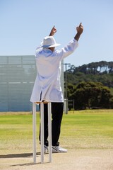 Full length of cricket umpire signalling six runs during match