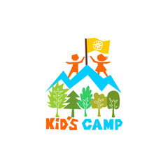 Logo of the kid's camp. Mountains, trees, flag and children
