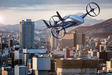 Pesonal Air Vehicle Flying Above The Cityscape, Flying Car Of The Future 3d Concept, Futuristic Vehicle In The City, Air Car Concept - 3D Rendering