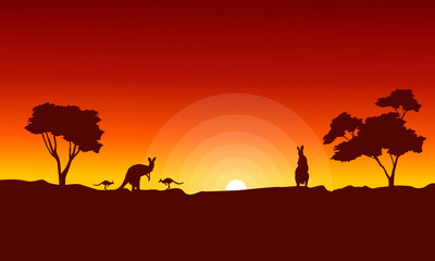 Kangourou avec silhouette de paysage de ciel rouge