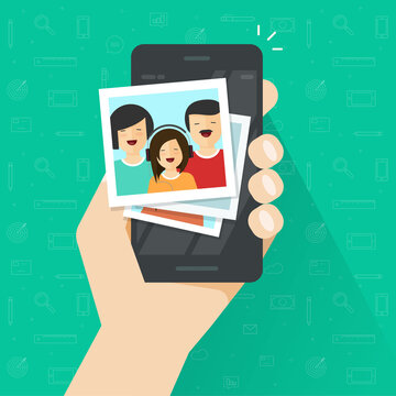Photo gallery on mobile phone flat cartoon style, photo album on smartphone vector illustration, photography of family on cellphone