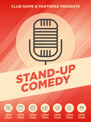 Stand up comedy show poster with thin line microphone icon. Vector illustration.