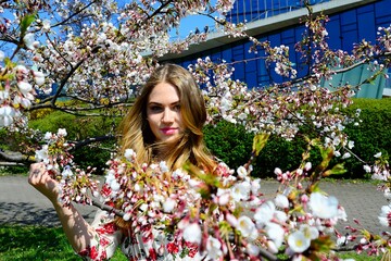 Young girl in Vilnius with cherry blossoms