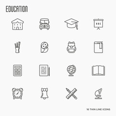 Education and learning thin line icons set, modern vector collection of high school objects and college items, teaching symbols and educational equipment.