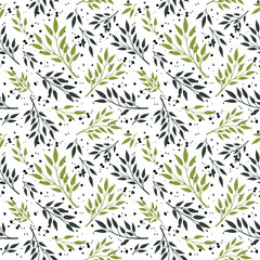 Vector seamless pattern with green branches with leaves and splashes. Fresh summer botanical background